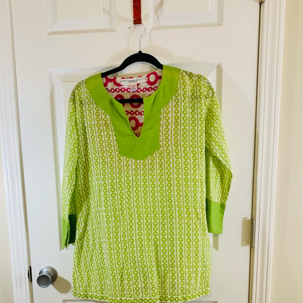 Gretchen Scott Designs Green Tunic/ Top /Coverall Size  S 3/4 Sleeve w/ cuff.